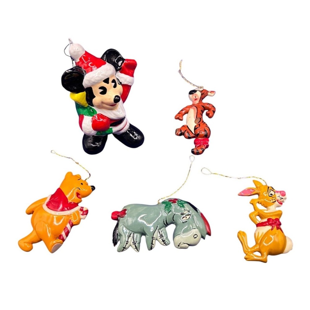 Vtg Disney Wooden Christmas Ornaments‎ Santa Mickey Pooh  3" characters 4pc